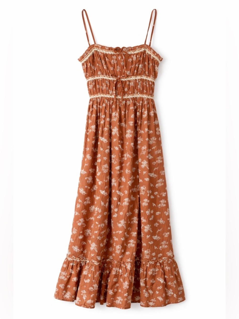 Sincerely Jules Rust Floral Maxi Dress Lace Trim Smocked Boho Cottagecore S